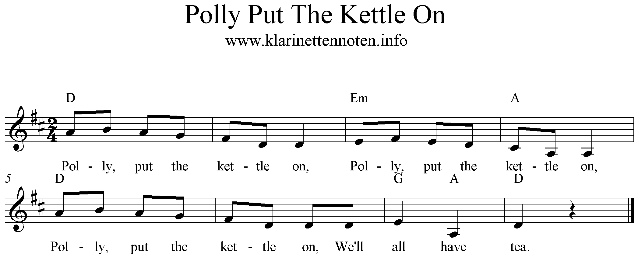 Polly Put The Kettle On, D-Major, Clarinet